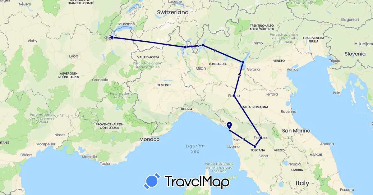 TravelMap itinerary: driving in Switzerland, Italy (Europe)
